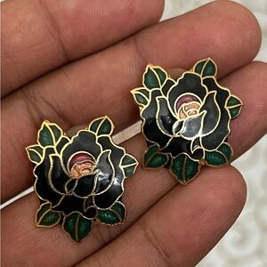 Beautiful Vintage Elimination Painted Mina Chic Black and Gold Rose Earrings